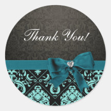 Elegant Aqua Blue and Black Damask Thank You Sticker