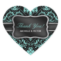 Elegant Aqua Blue and Black Damask Thank You Sticker