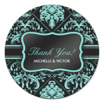 Elegant Aqua Blue and Black Damask Thank You Round Stickers