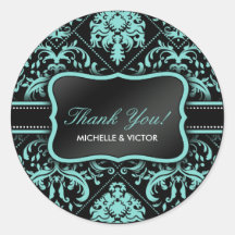 Elegant Aqua Blue and Black Damask Thank You Round Stickers