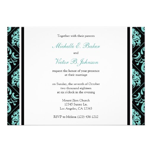 Elegant Aqua Blue and Black Damask Wedding Photo Personalized Invites
