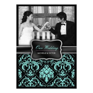 Elegant Aqua Blue and Black Damask Wedding Photo Personalized Invites