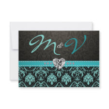 Elegant Aqua Blue and Black Damask with Diamonds invitation