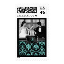Elegant Aqua Blue and Black Damask  with monogram Postage