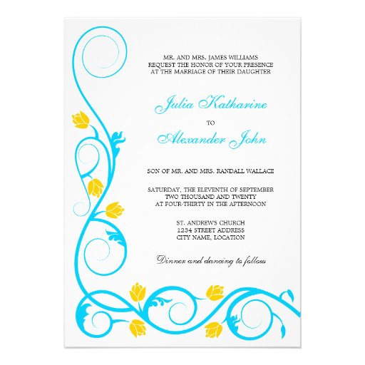 Elegant Aqua Blue and Yellow Swirls Invitation