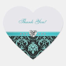 Elegant Aqua Blue / Black Damask "Thank You" Sticker