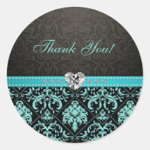 Elegant Aqua Blue / Black Damask "Thank You" Sticker