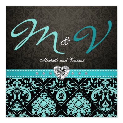 Elegant Aqua Blue / Black Damask Wedding Invites