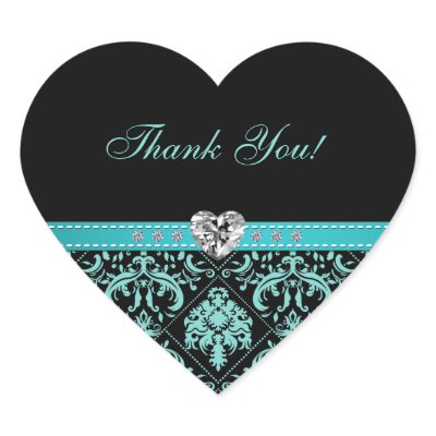 Elegant Aqua Blue Damask 'Thank You' Stickers