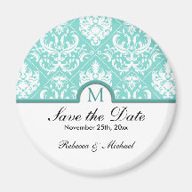 Elegant Aqua Blue & White Damask with Monogram Magnet