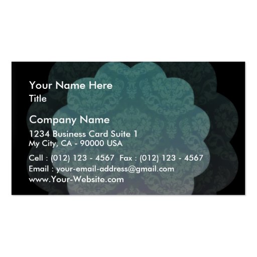 Elegant aqua damask ribbon business cards (front side)