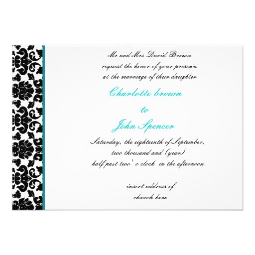 elegant aqua damask wedding invitation