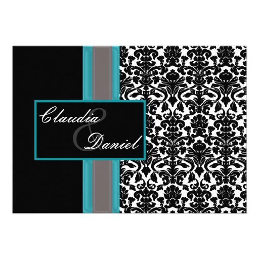 elegant aqua damask wedding invitation