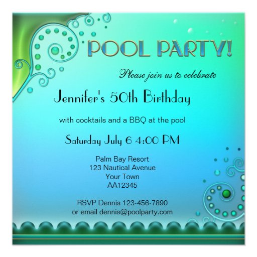 Elegant Aqua Pool Party Invitation (front side)