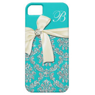 Elegant Aqua Silver Damask Diamond Bow Monogrammed iPhone 5/5S Cover
