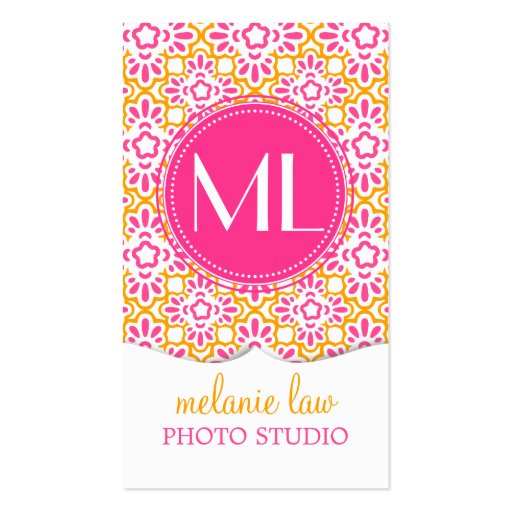Elegant Arabesque Damask Hot Pink Personalized Business Cards (front side)
