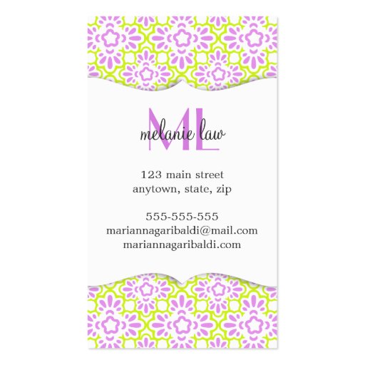 Elegant Arabesque Damask Lilac Purple Personalized Business Card Template (back side)