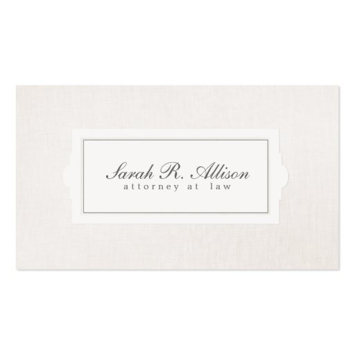 Elegant Attorney Plaque Style Beige Linen Look Business Card Template (front side)