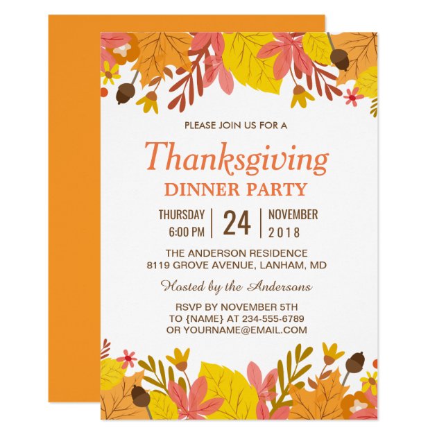 Elegant Autumn Leaves Thanksgiving Dinner Party Card (front side)