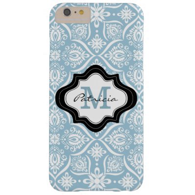 Elegant Baby Blue Damask Pattern Custom Monogram Barely There iPhone 6 Plus Case
