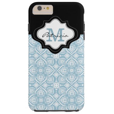 Elegant Baby Blue Damask Pattern Custom Monogram Tough iPhone 6 Plus Case