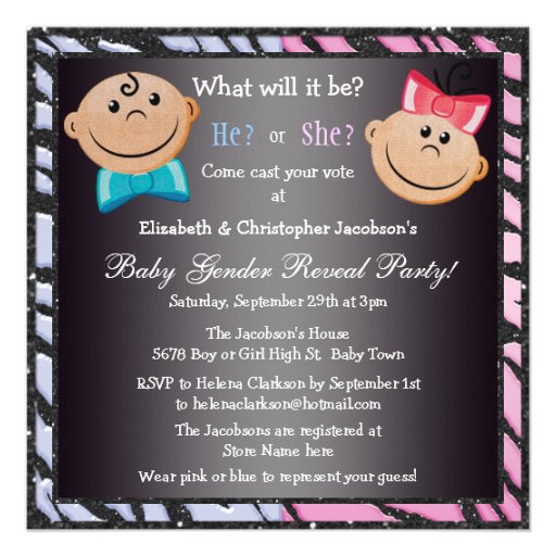 Elegant Baby Gender Reveal Babies & Zebra Print Personalized Invitations (front side)