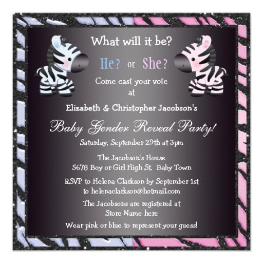 Elegant Baby Gender Reveal Zebras & Animal Print Personalized Invites (front side)