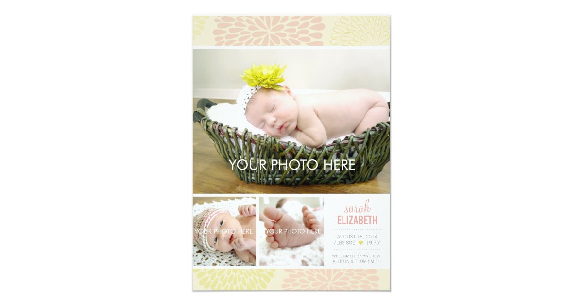 Elegant Baby Girl Photo Birth Announcement Flowers Zazzle