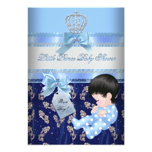 Elegant Baby Shower Boy Blue Little Prince Crown 2 Custom Announcements