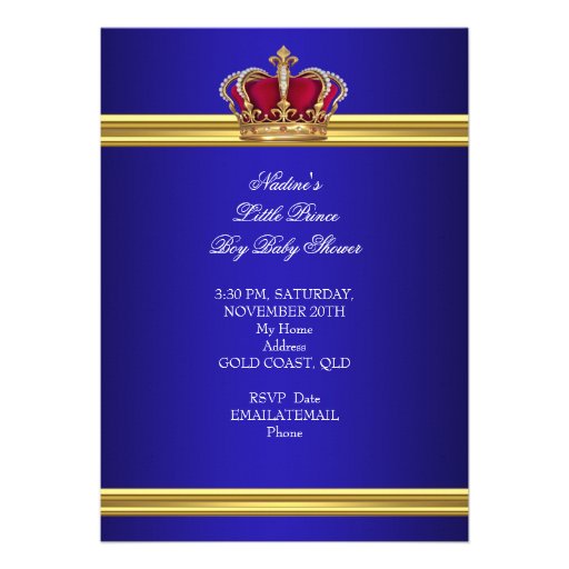 Elegant Baby Shower Boy Blue Little Prince Crown 2 Personalized Invite