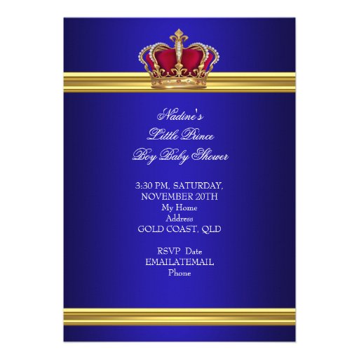 Elegant Baby Shower Boy Blue Little Prince Crown Personalized Invitation
