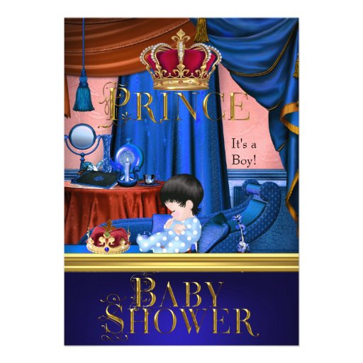 Elegant Baby Shower Boy Blue Little Prince Crown Personalized Invitation