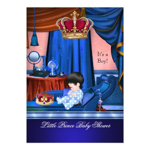 Elegant Baby Shower Boy Blue Little Prince Crown Custom Invites