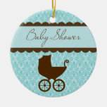 Elegant Baby Shower Carriage and Blue Damask Christmas Tree Ornament