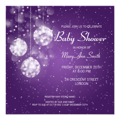 Elegant Baby Shower Festive Baubles Purple Invitations