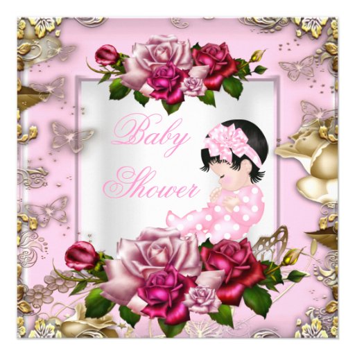 Elegant Baby Shower Girl Pink Roses White Gold Custom Announcement