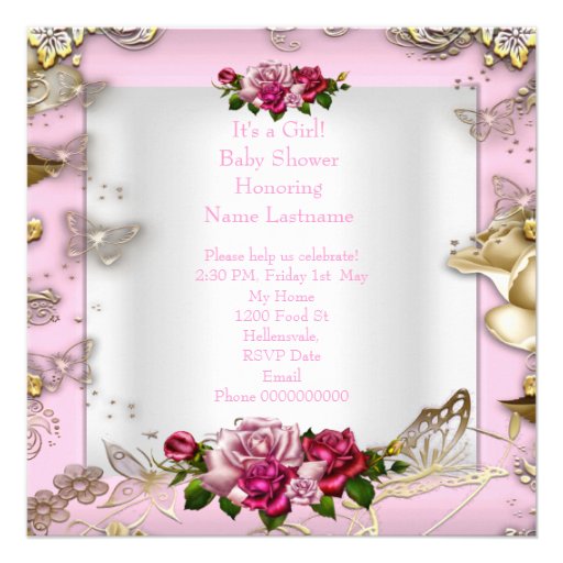 Elegant Baby Shower Girl Pink Roses White Gold Custom Announcement