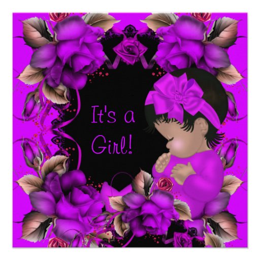 Elegant Baby Shower Girl Purple Pink Rose Flowers Invitations
