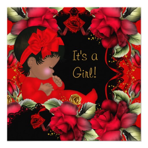 Elegant Baby Shower Girl Red Rose Flowers Announcement