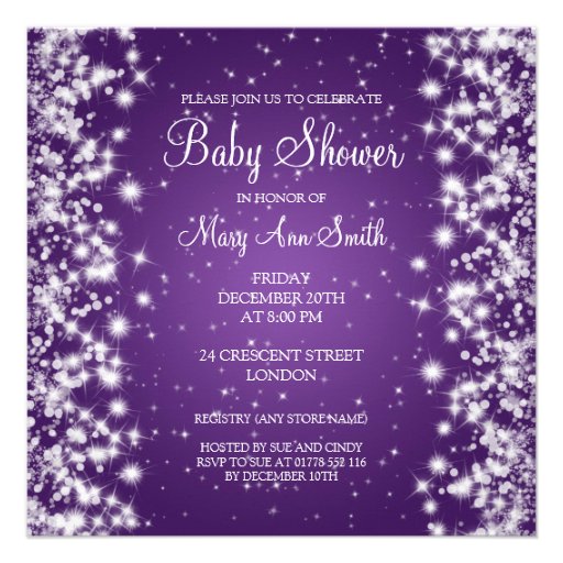 Elegant Baby Shower Winter Sparkle Purple Announcement