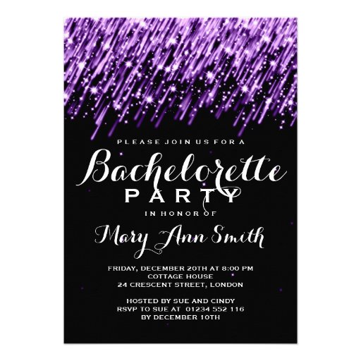 Elegant Bachelorette Party Falling Stars Purple Personalized Invitations (front side)