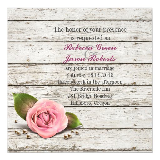 elegant barnwood pink rose floral country wedding personalized invites