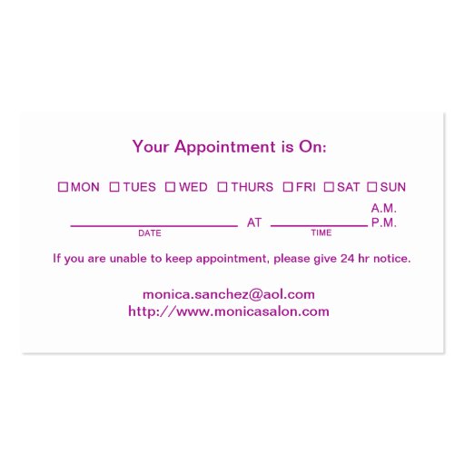 Elegant Beauty Salon with Appointment Date Business Card (back side)