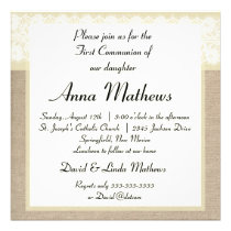 Elegant Beige Burlap First Communion Invitation