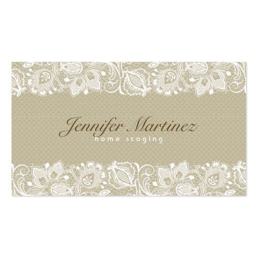 Elegant Beige & White Vintage Floral Lace Business Card (front side)