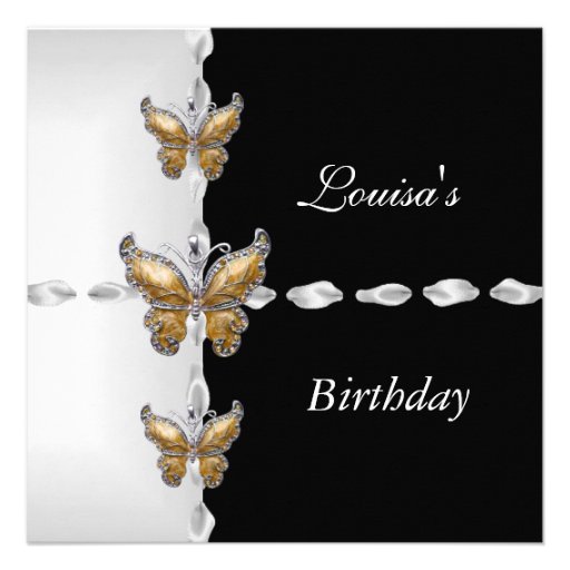 Elegant Birthday Black White Gold Bronze Butterfly Personalized Invitations