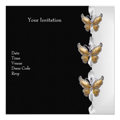 Elegant Birthday Black White Gold Bronze Butterfly Personalized Invitations