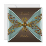 Elegant Birthday Coffee Brown Old Gold Teal Custom Announcement