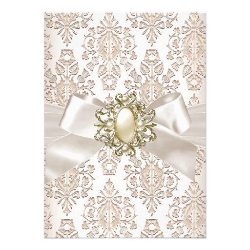 Elegant Birthday Party Damask Pearl Cream 3 Personalized Announcements