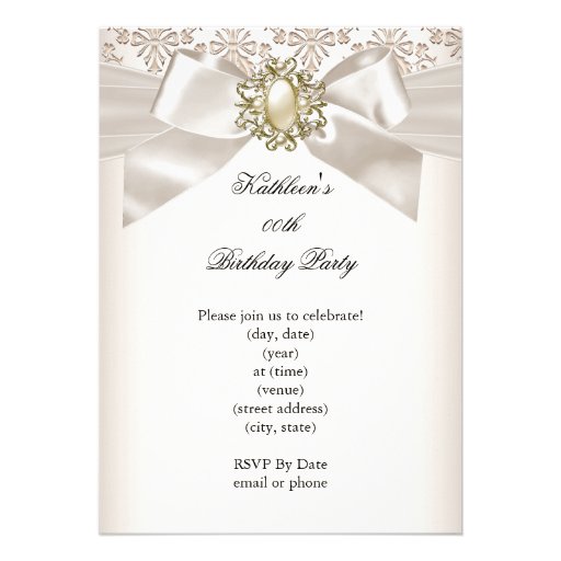 Elegant Birthday Party Damask Pearl Cream 3 Personalized Announcements (front side)